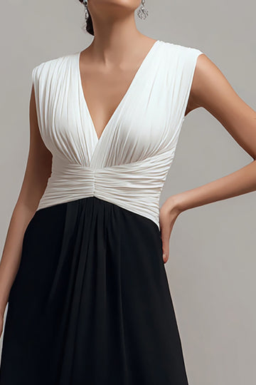 V Neck Black White Pleated A Line Formal Dress